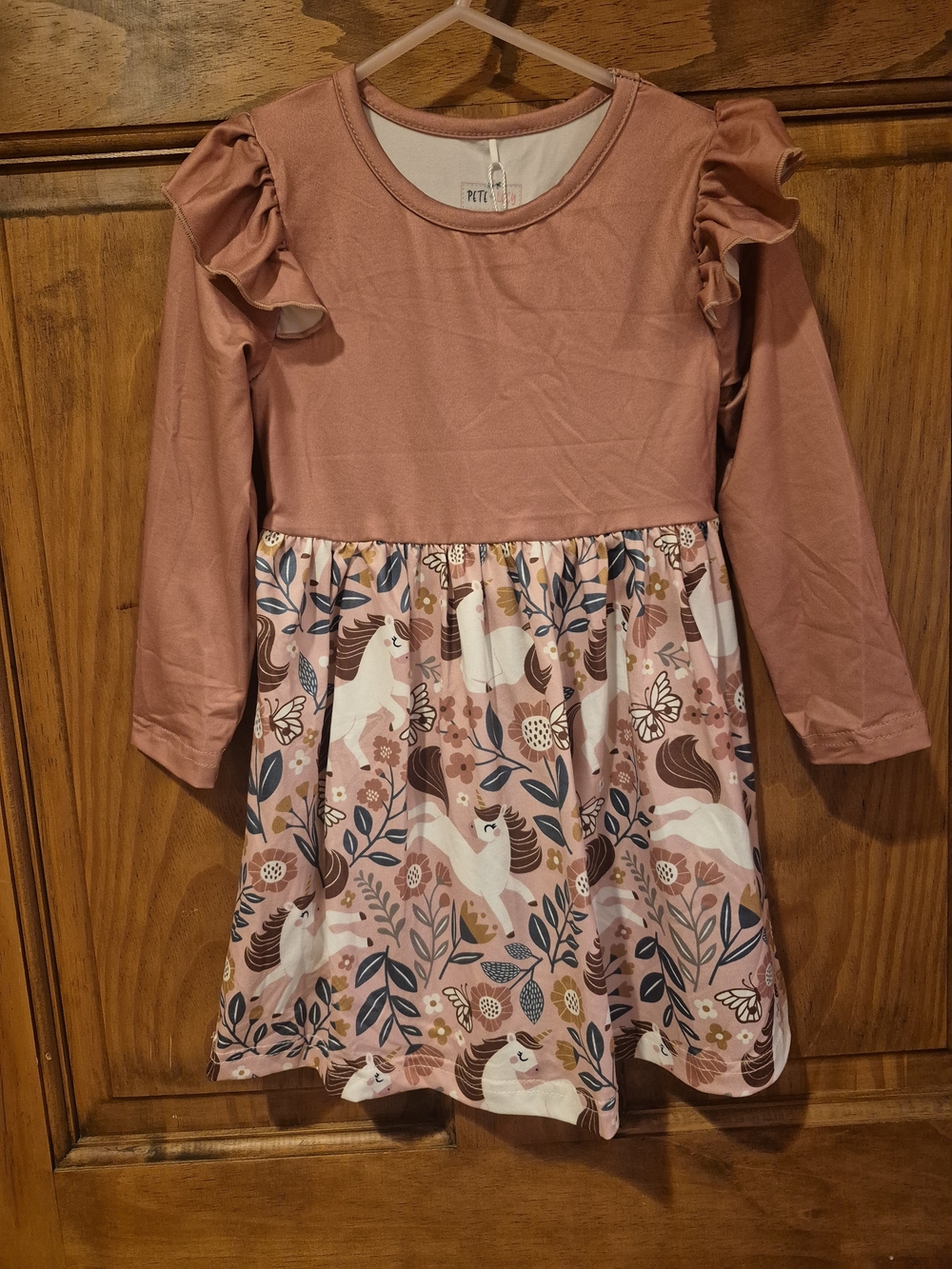 Girls Dusty Rose Ruffle Sleeve Unicorn Print Dress